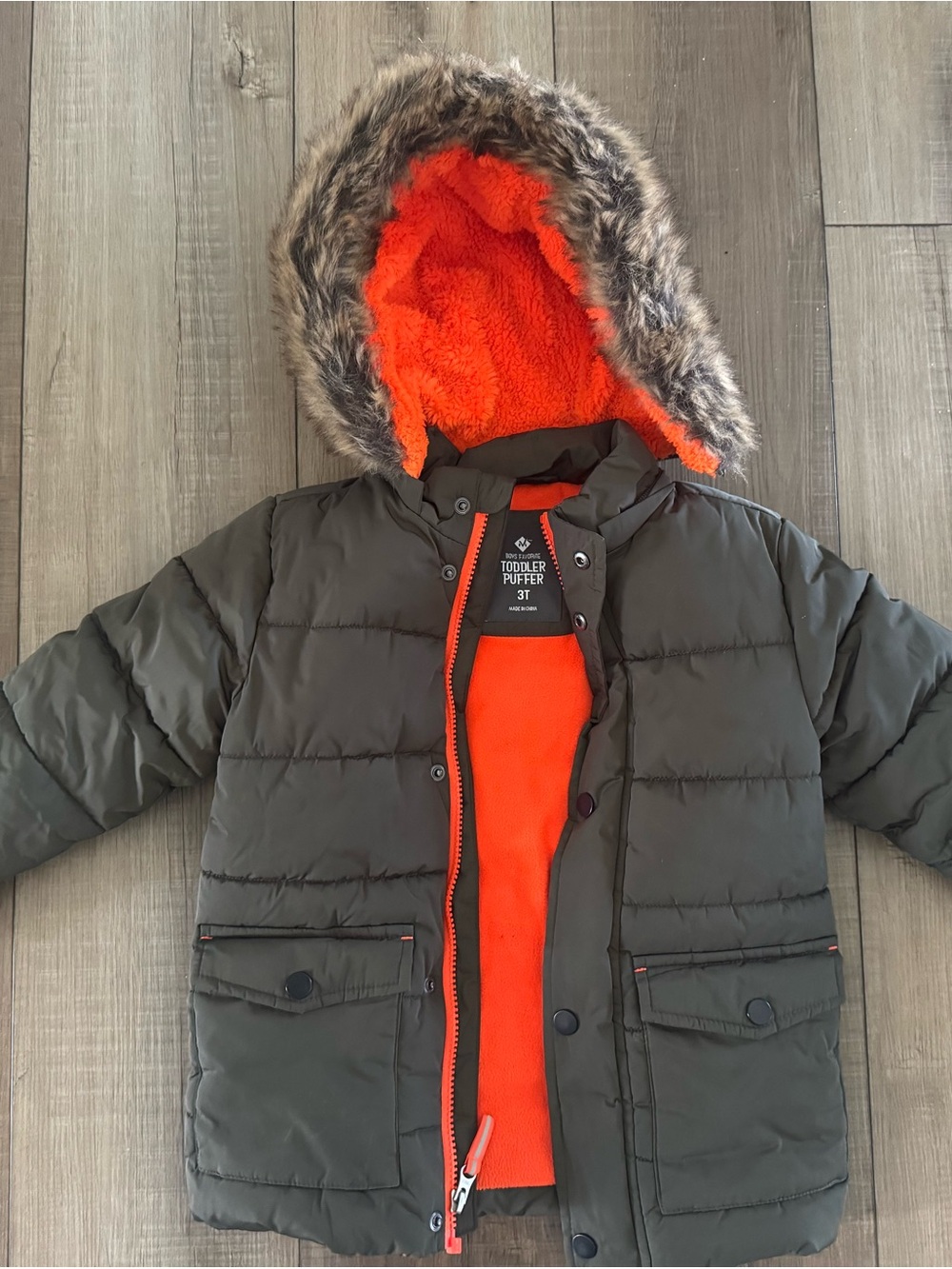 Toddler Puffer Coat with Faux Fur Hood - Olive Green with Orange Lining